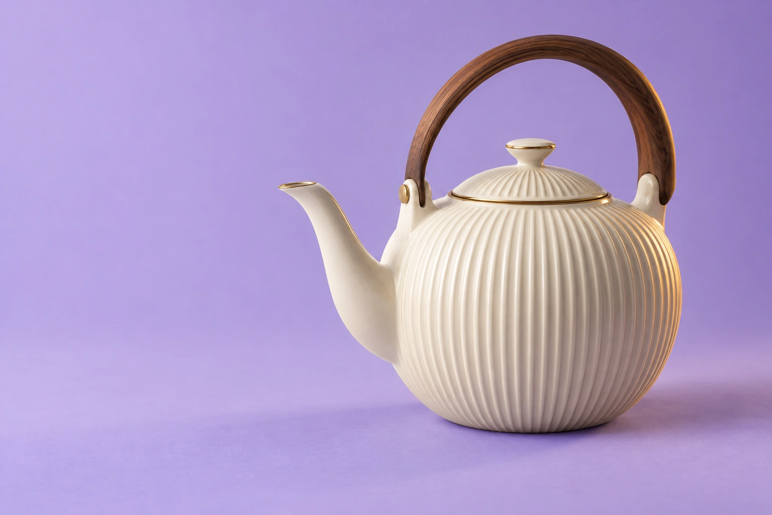 Illustrative ceramic teapot with a textured body and wooden handle