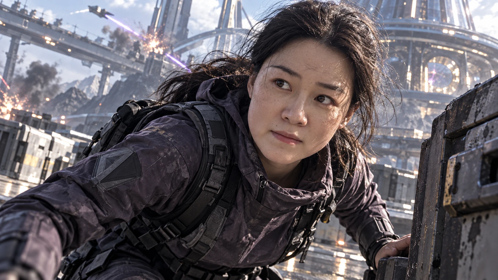 The same character in a futuristic combat scene, alert and moving decisively in detailed technical gear
