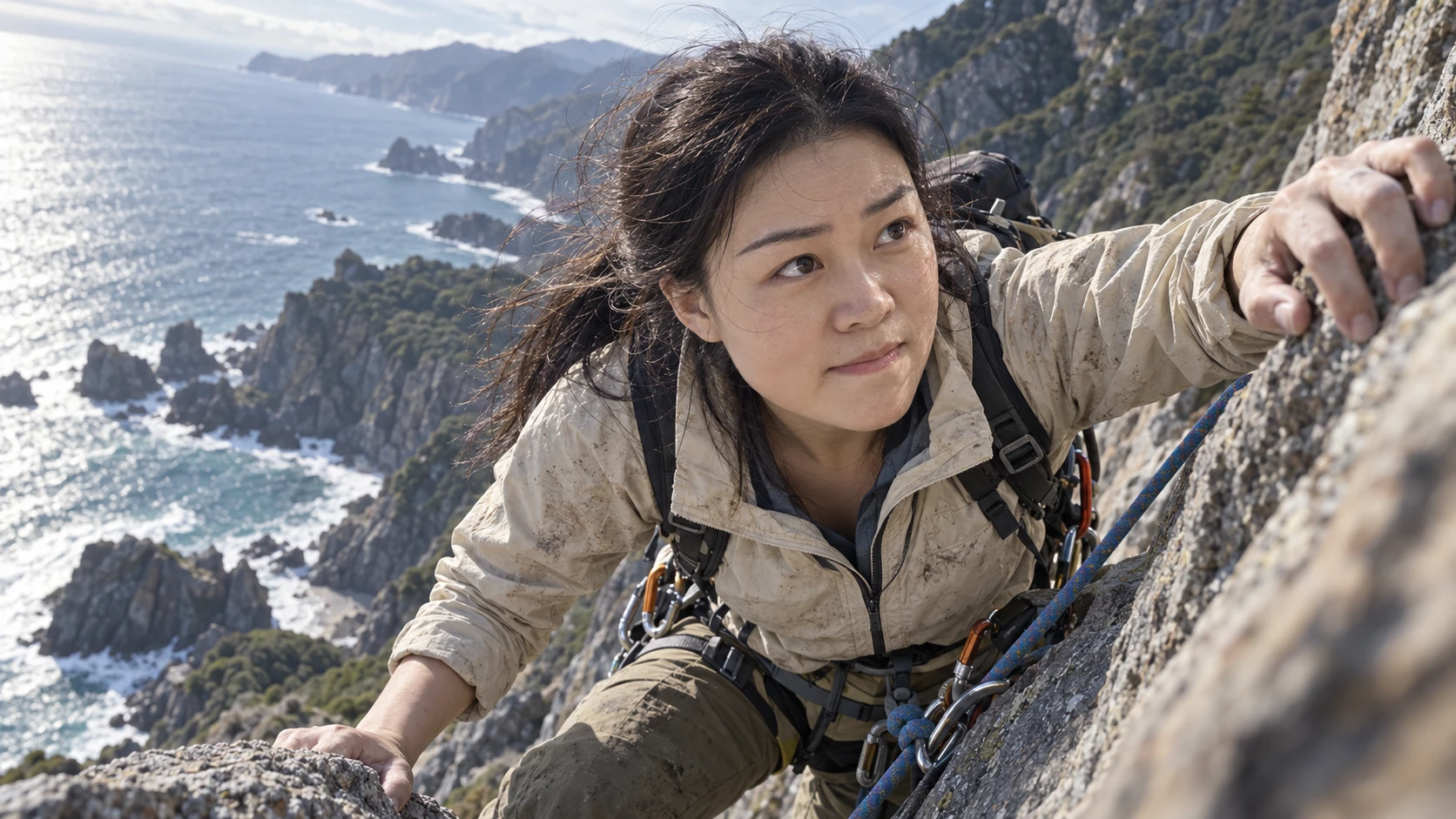 A character inspired by Yan climbing a rock face, showing concentration and physical effort