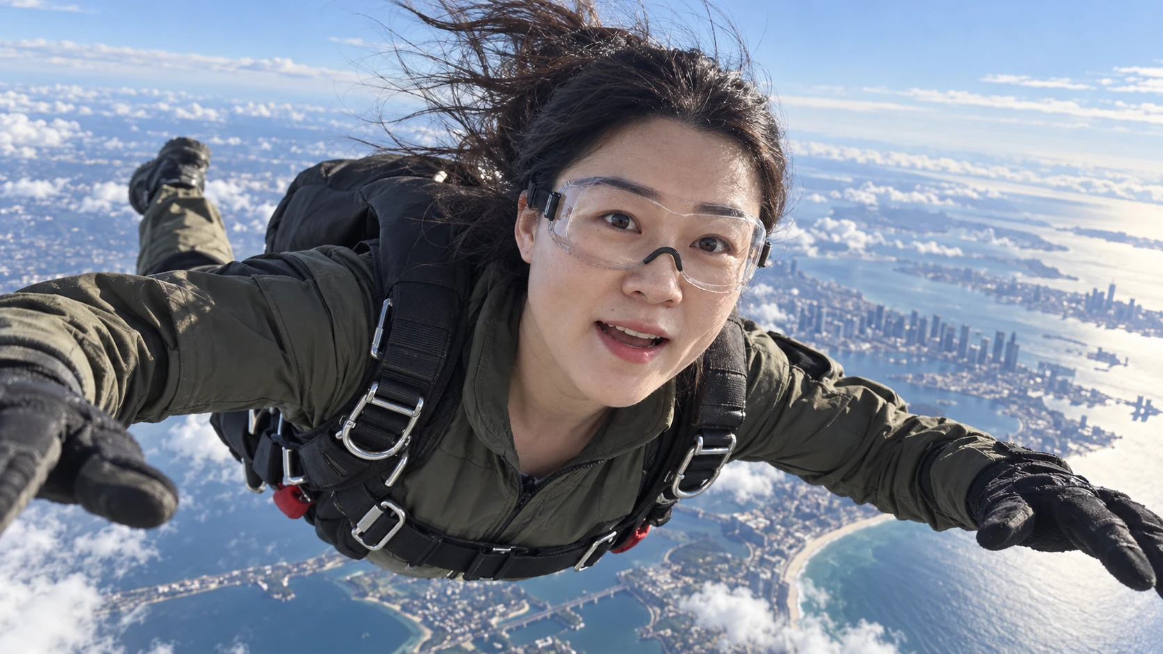 The same character skydiving with an expression shaped by wind, excitement and concentration